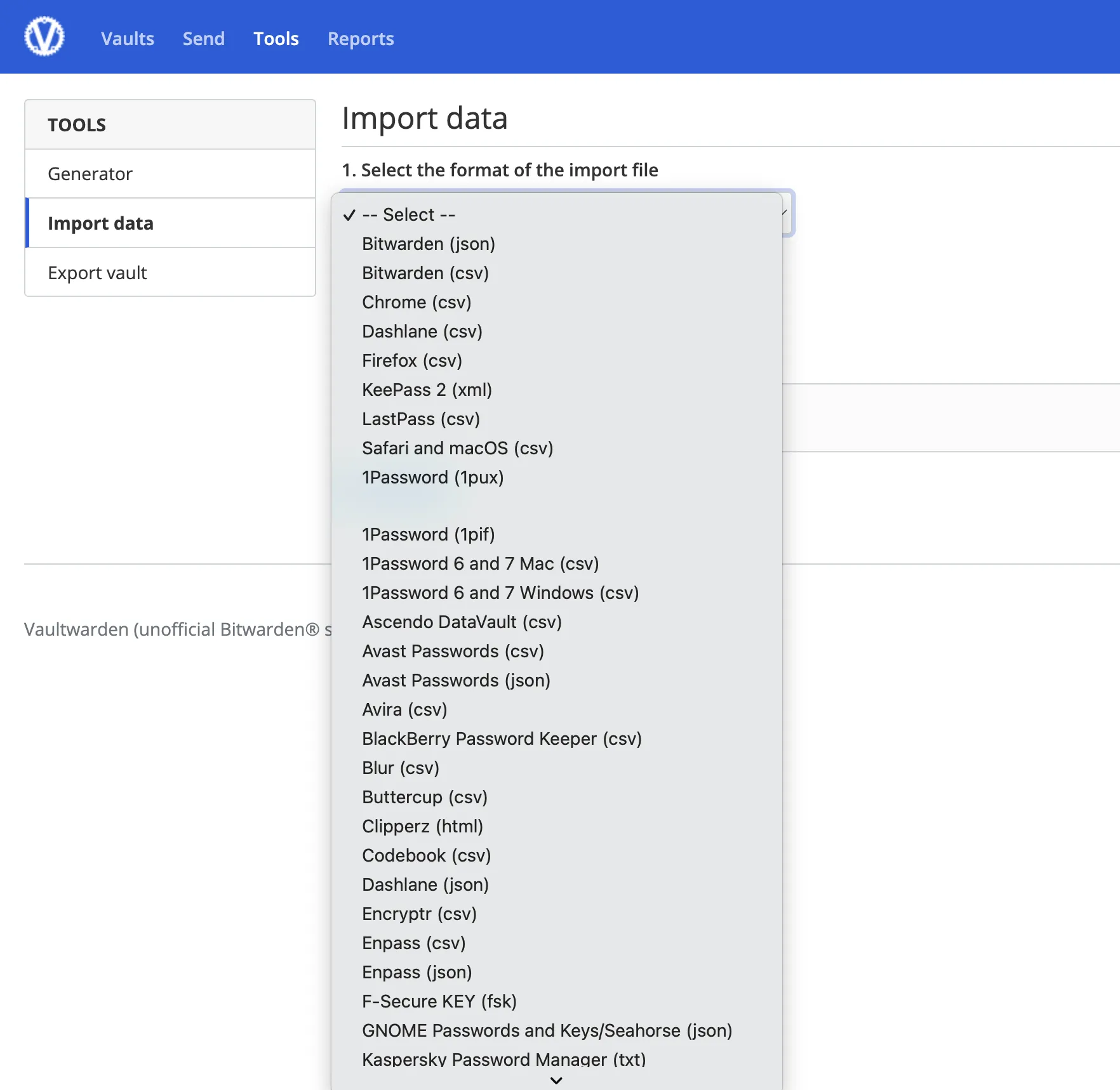 Bitwarden Import Data Page